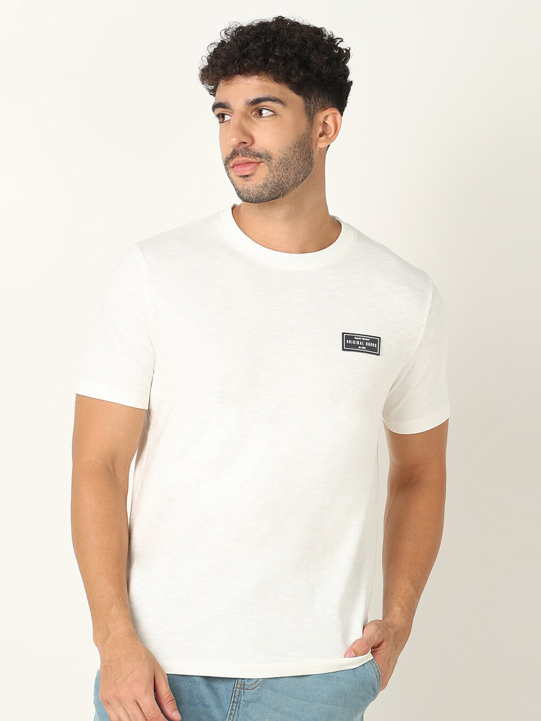 

R&B Round Neck Short Sleeves Cotton T-shirt, White