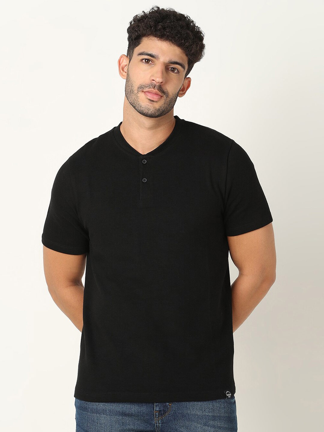

R&B Mandarin Collar Short Sleeves Cotton T-shirt, Black