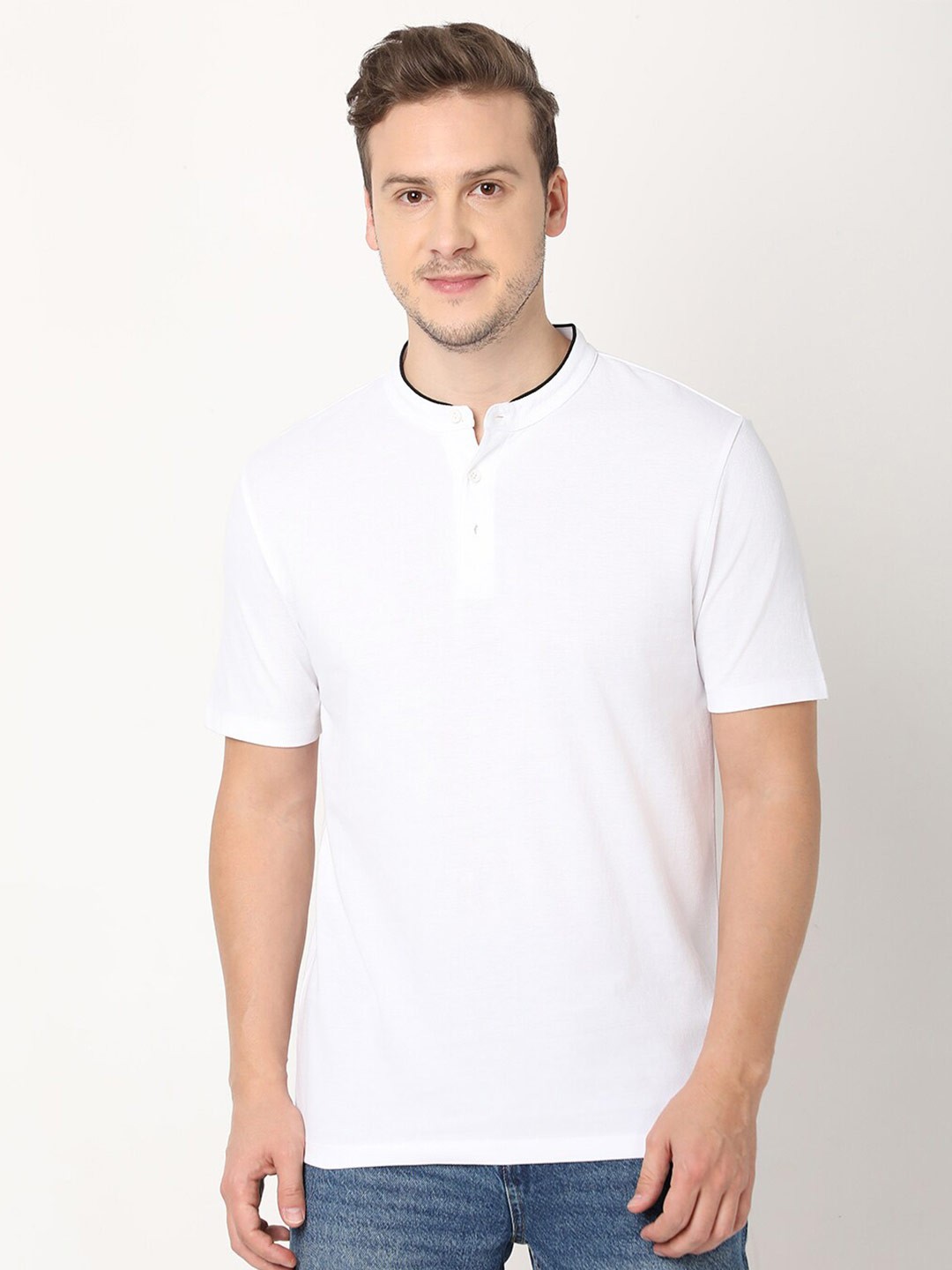 

R&B Mandarin Collar Short Sleeves Cotton T-shirt, White