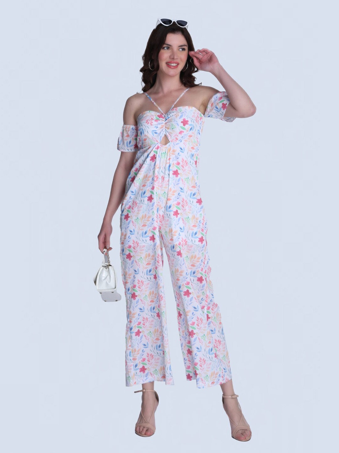 

Orchid Blues Floral Printed Cut-Out Detailed Cotton Jumpsuit, White