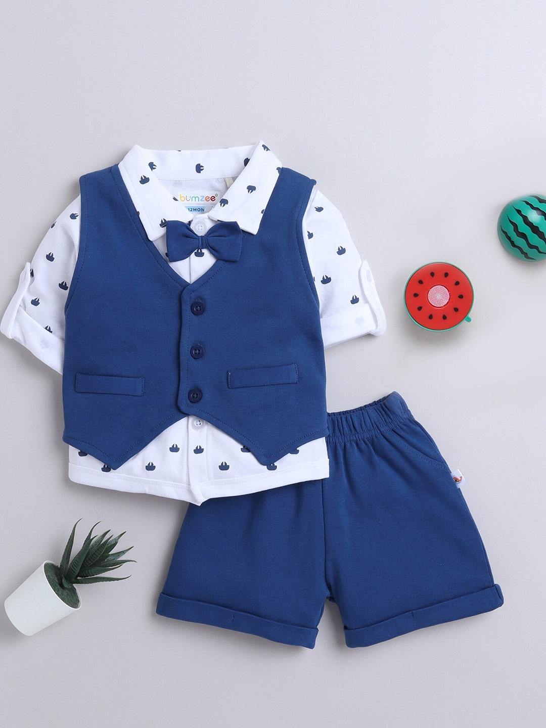 

BUMZEE Infant Boys Printed Pure Cotton Shirt With Shorts & Waistcoat Bow, Navy blue