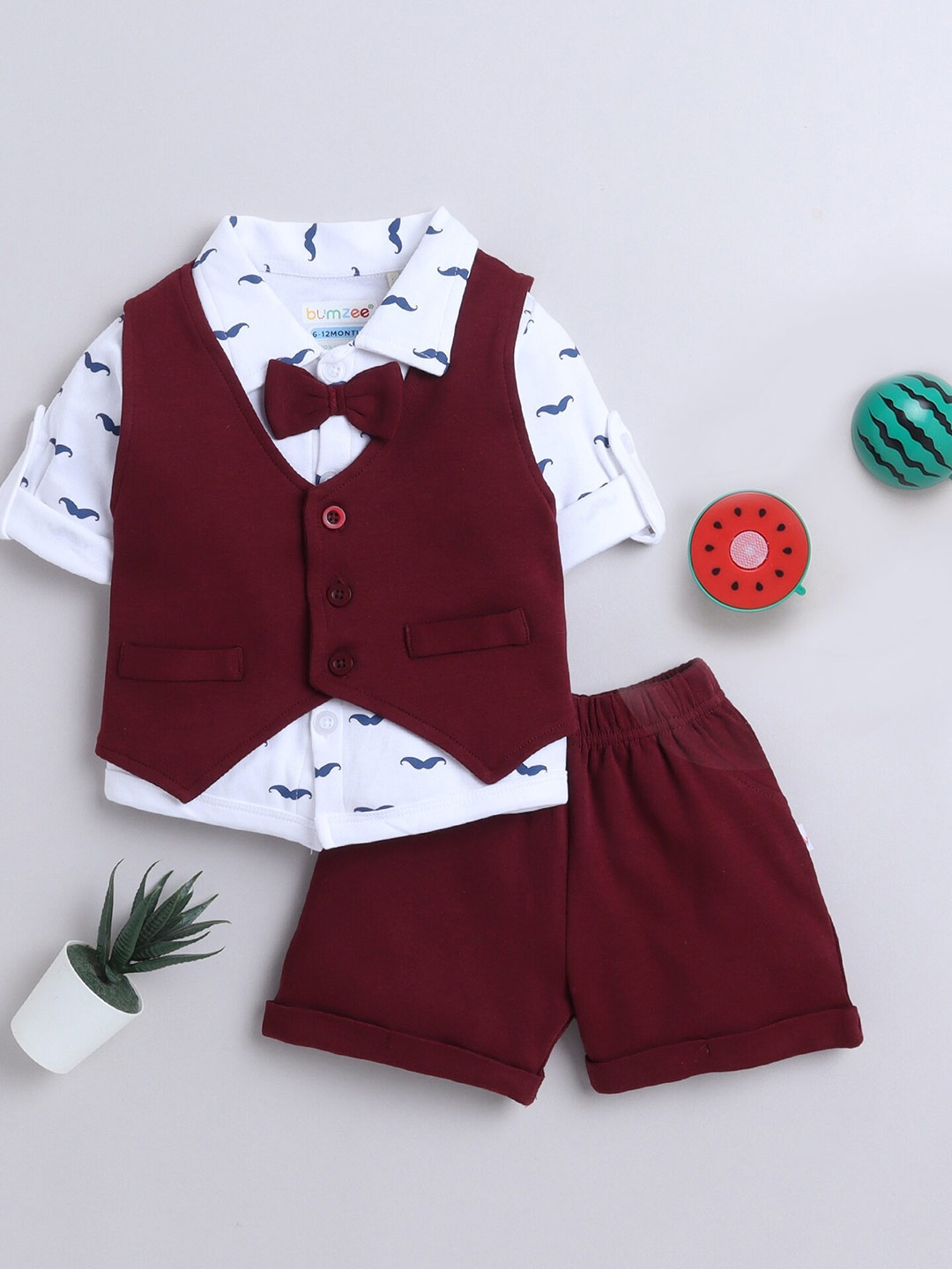 

BUMZEE Infant Boys Printed Pure Cotton Shirt With Shorts & Waistcoat Bow, Maroon