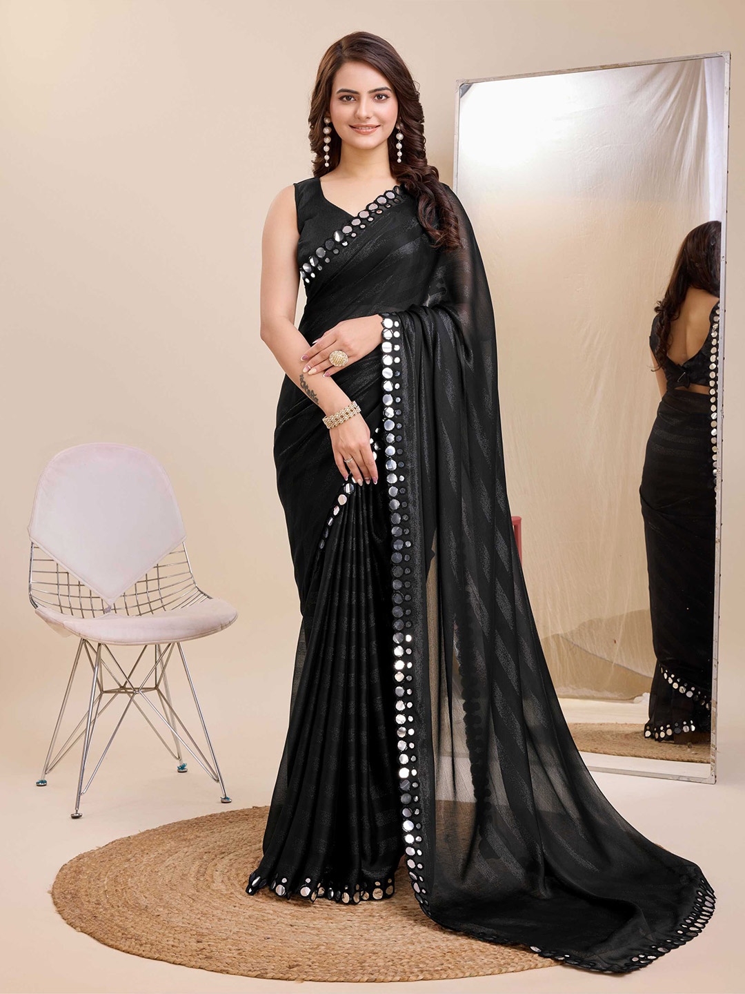 

VAIRAGEE Striped Mirror Work Embellished Saree, Black