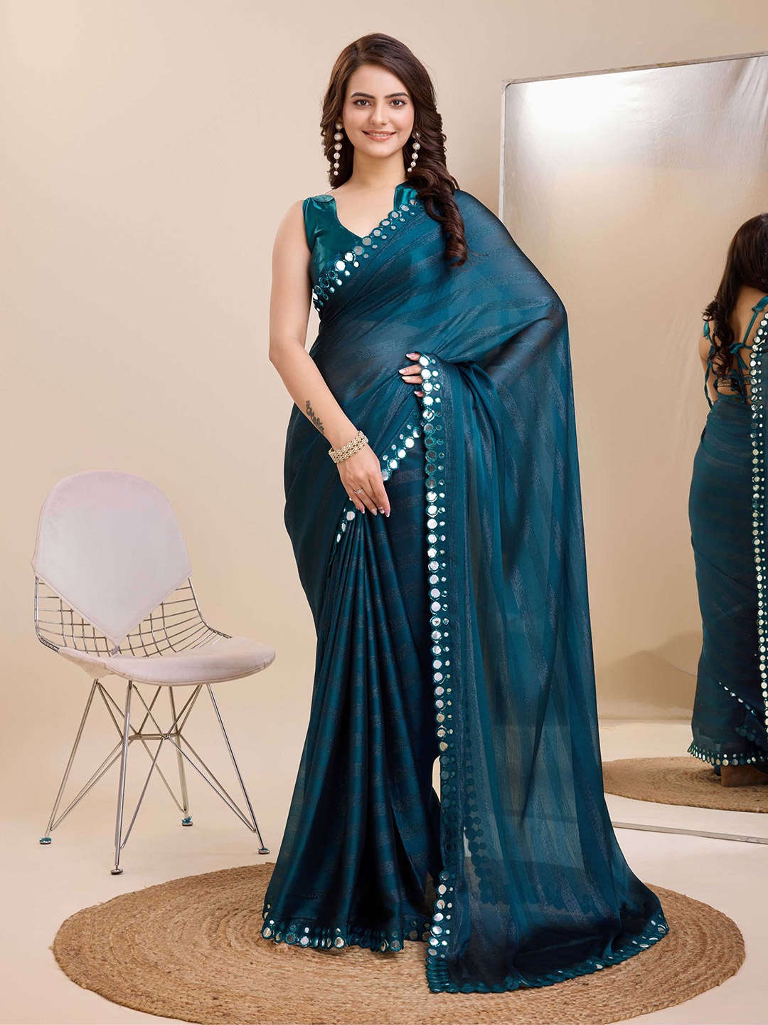 

VAIRAGEE Striped Mirror Work Embellished Saree, Turquoise blue