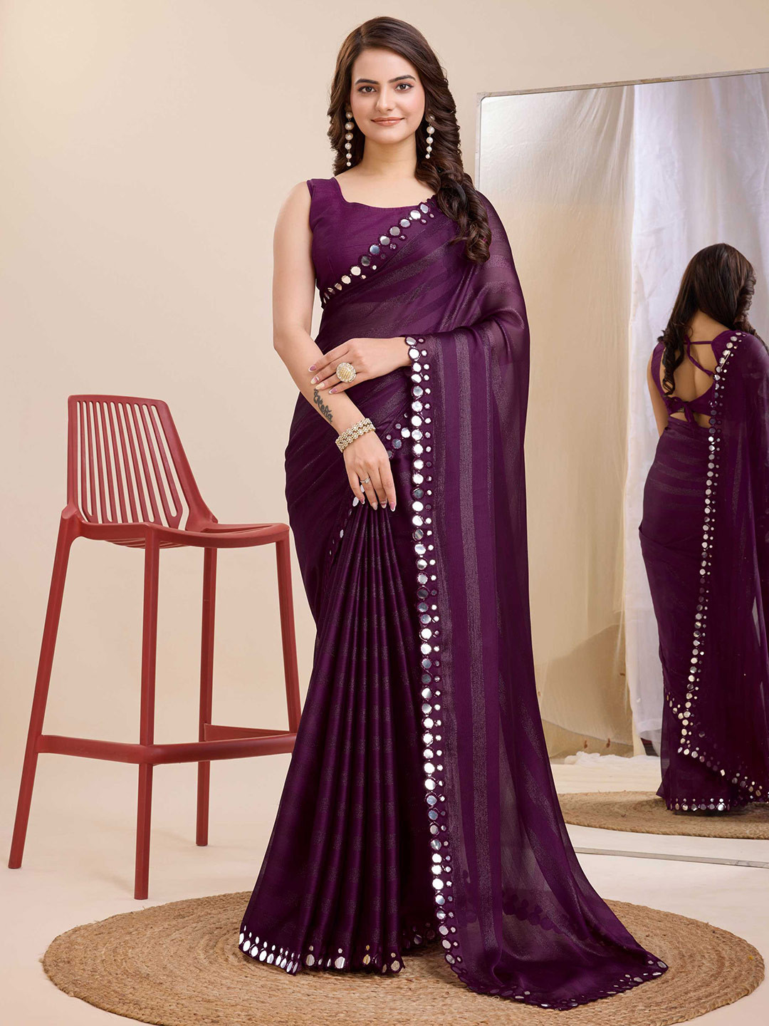 

VAIRAGEE Striped Mirror Work Embellished Saree, Purple