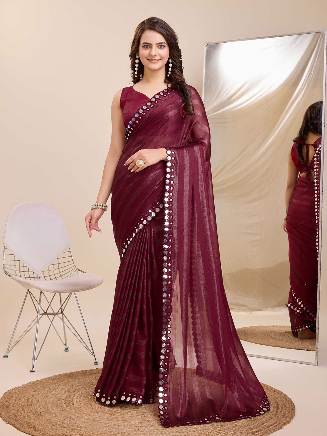 

VAIRAGEE Striped Mirror Work Embellished Saree, Burgundy