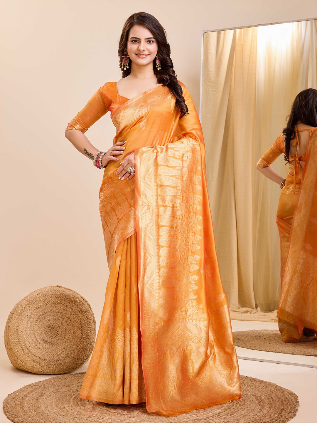 

VAIRAGEE Ethnic Motifs Woven Design Zari Organza Banarasi Saree, Yellow