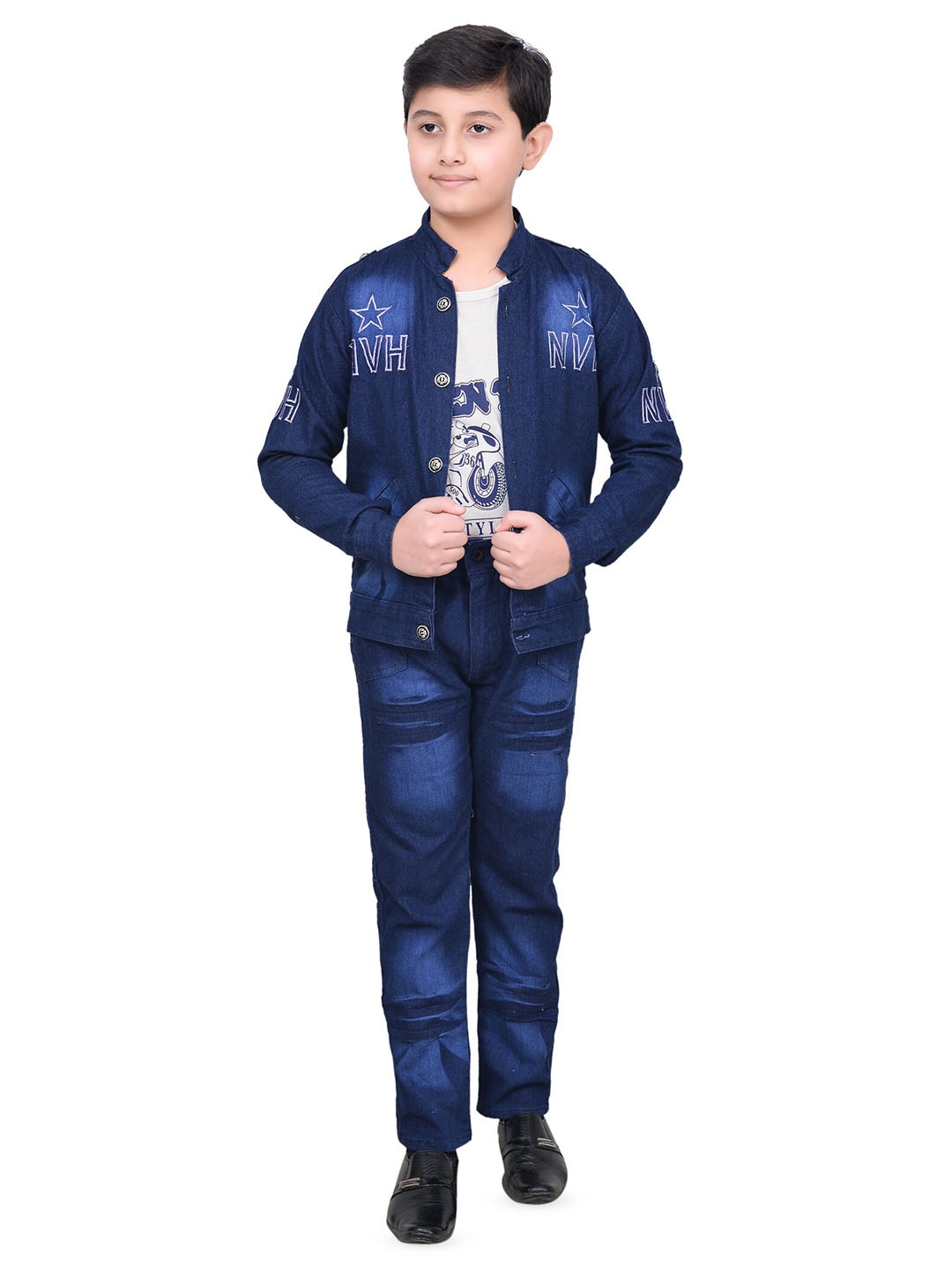 

BAESD Boys Printed Pure Cotton T-shirt & Denim Trousers With Jacket, Blue