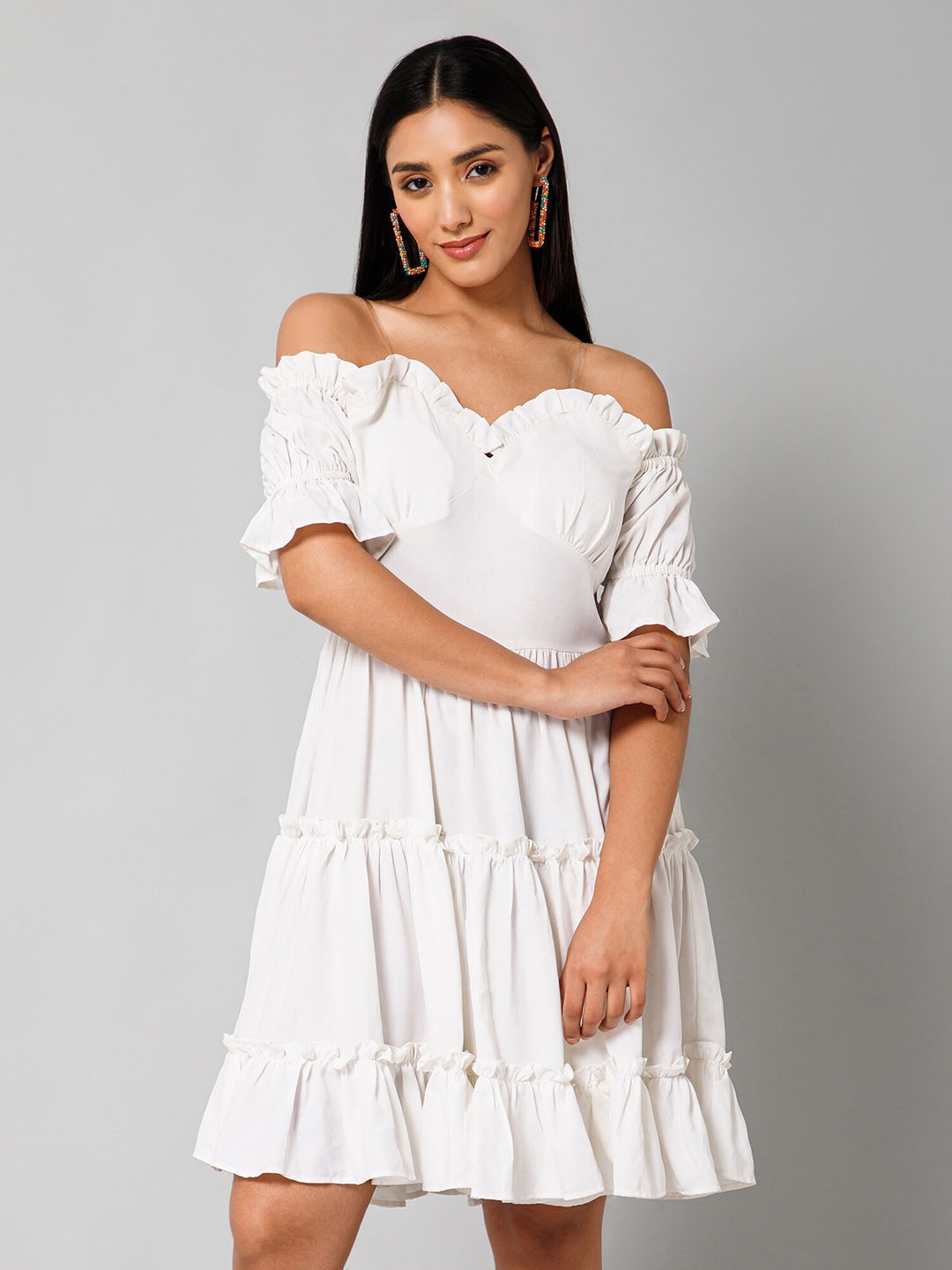 

HAUTEQUE Elagia Off-Shoulder Puff Sleeves Tiered Fit & Flare Dress, White
