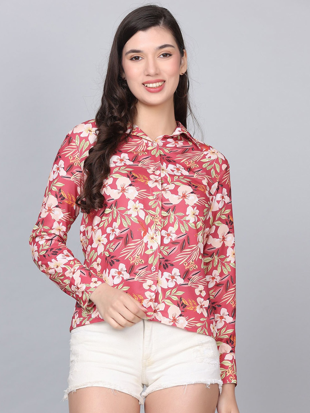 

HAUTEQUE Modern Floral Printed Opaque Casual Shirt, Coral