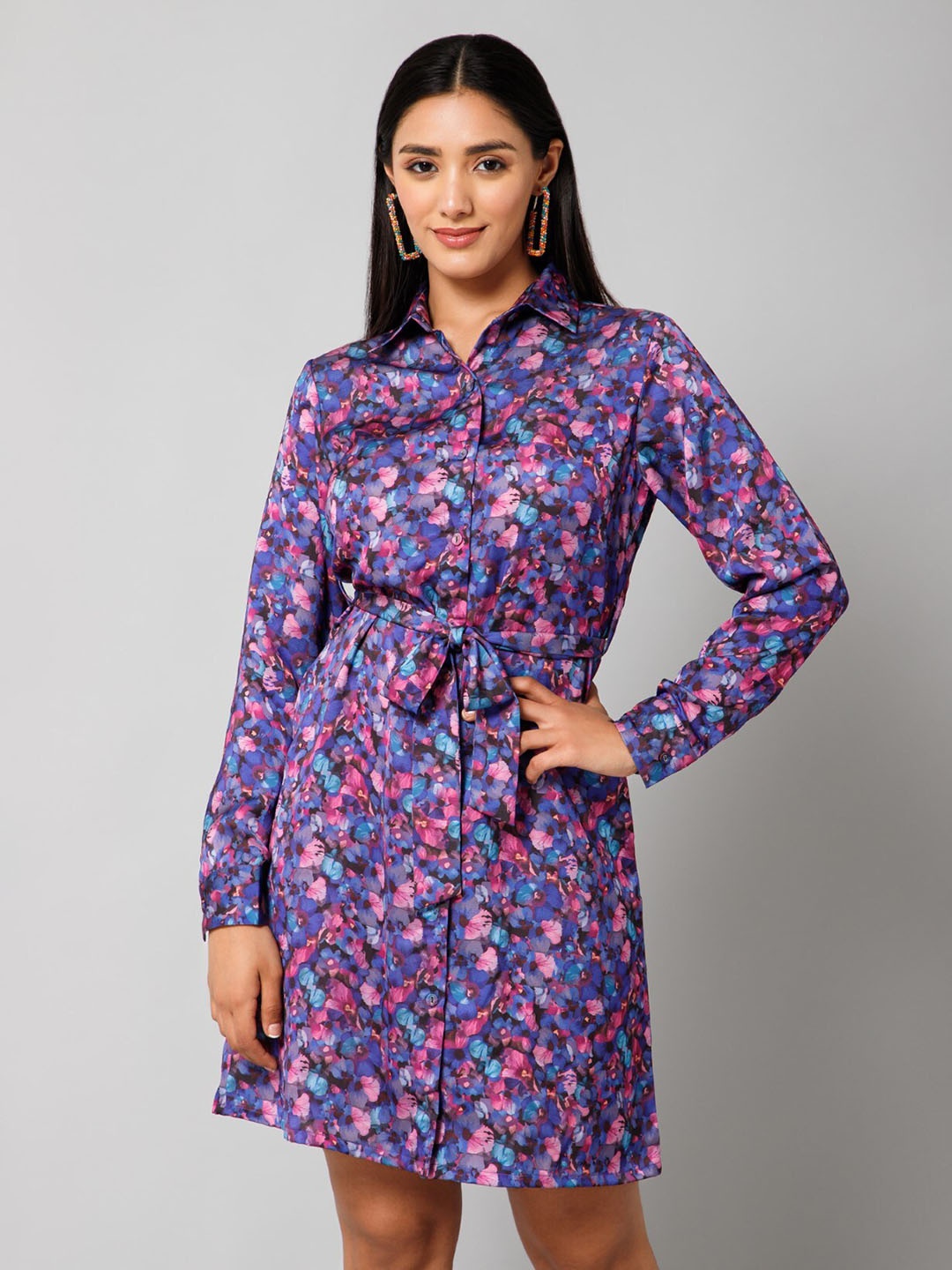 

HAUTEQUE Floral Printed Waist Tie Up Shirt Above Knee Dress, Purple
