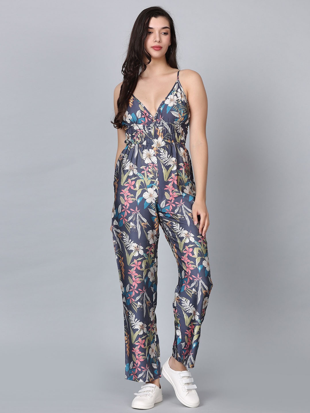 

HAUTEQUE Tropical Printed Shoulder Strap Jumpsuit, Grey