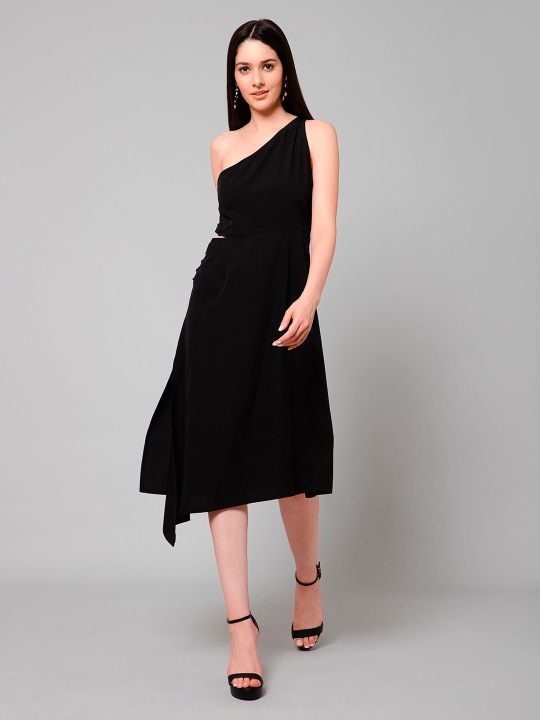

HAUTEQUE One Shoulder Asymmetrical Cut-Out Midi Dress, Black