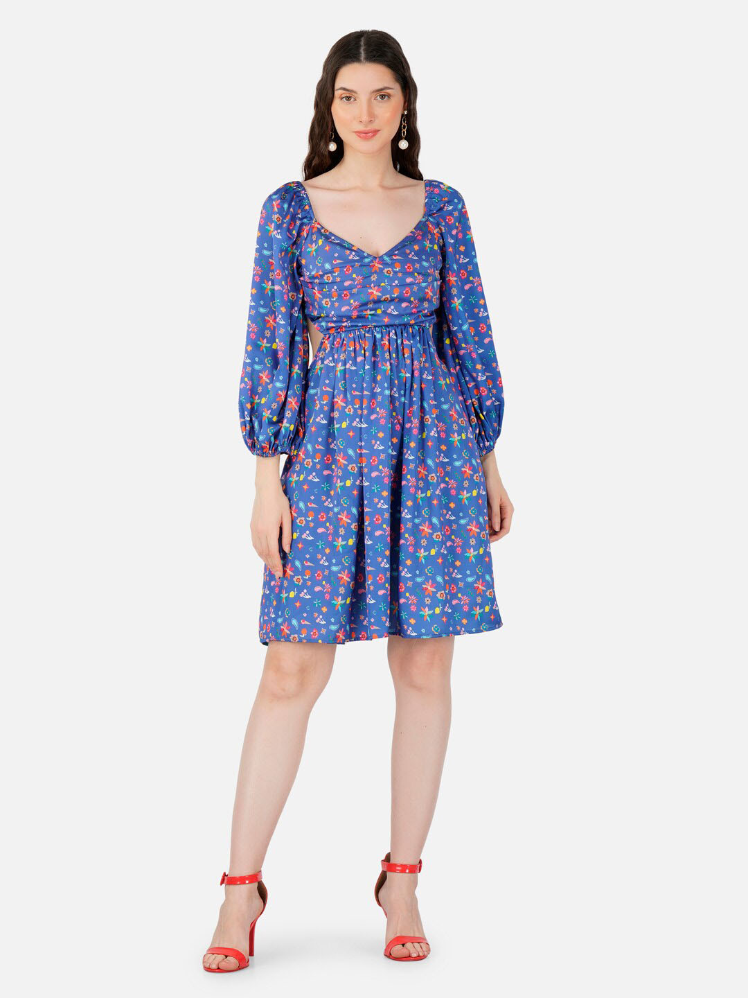 

HAUTEQUE Floral Printed Puff Sleeve Fit & Flare Dress, Blue