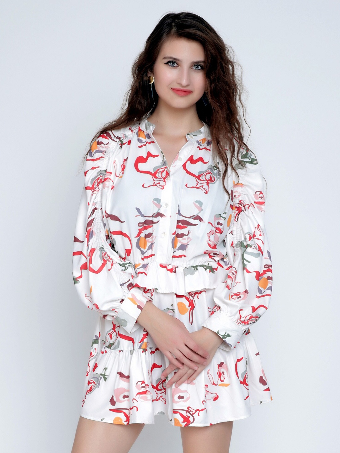 

HAUTEQUE Silvia Abstract Print Mandarin Collar Ruffled Shirt Mini Dress, White