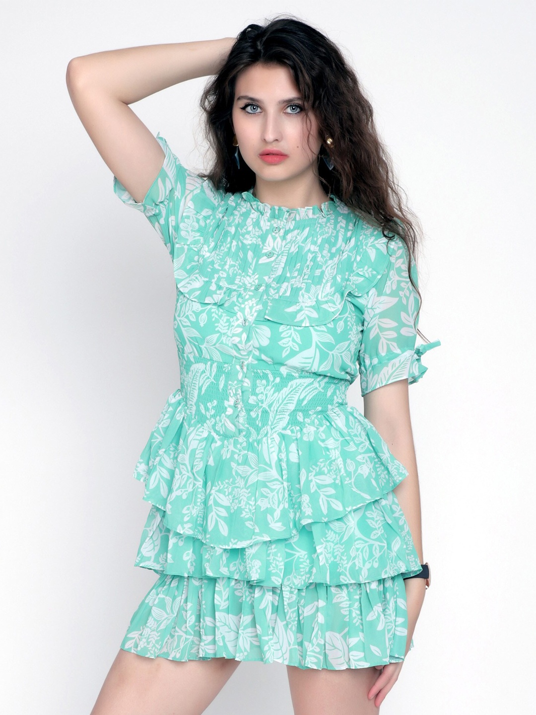 

HAUTEQUE Floral Printed Flared Fit & Flare Mini Dress, Green