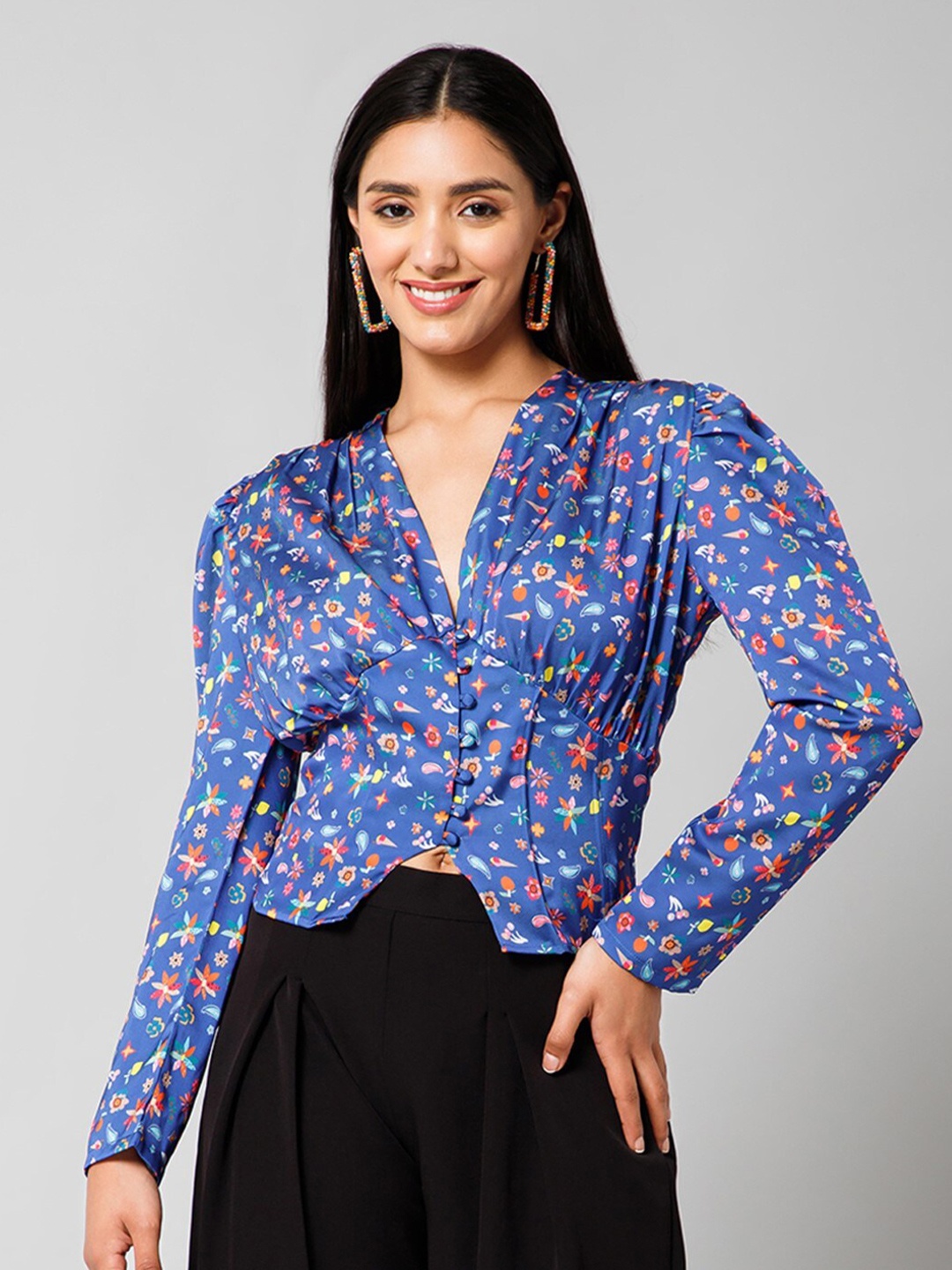 

HAUTEQUE Floral Printed Shirt Style Top, Blue