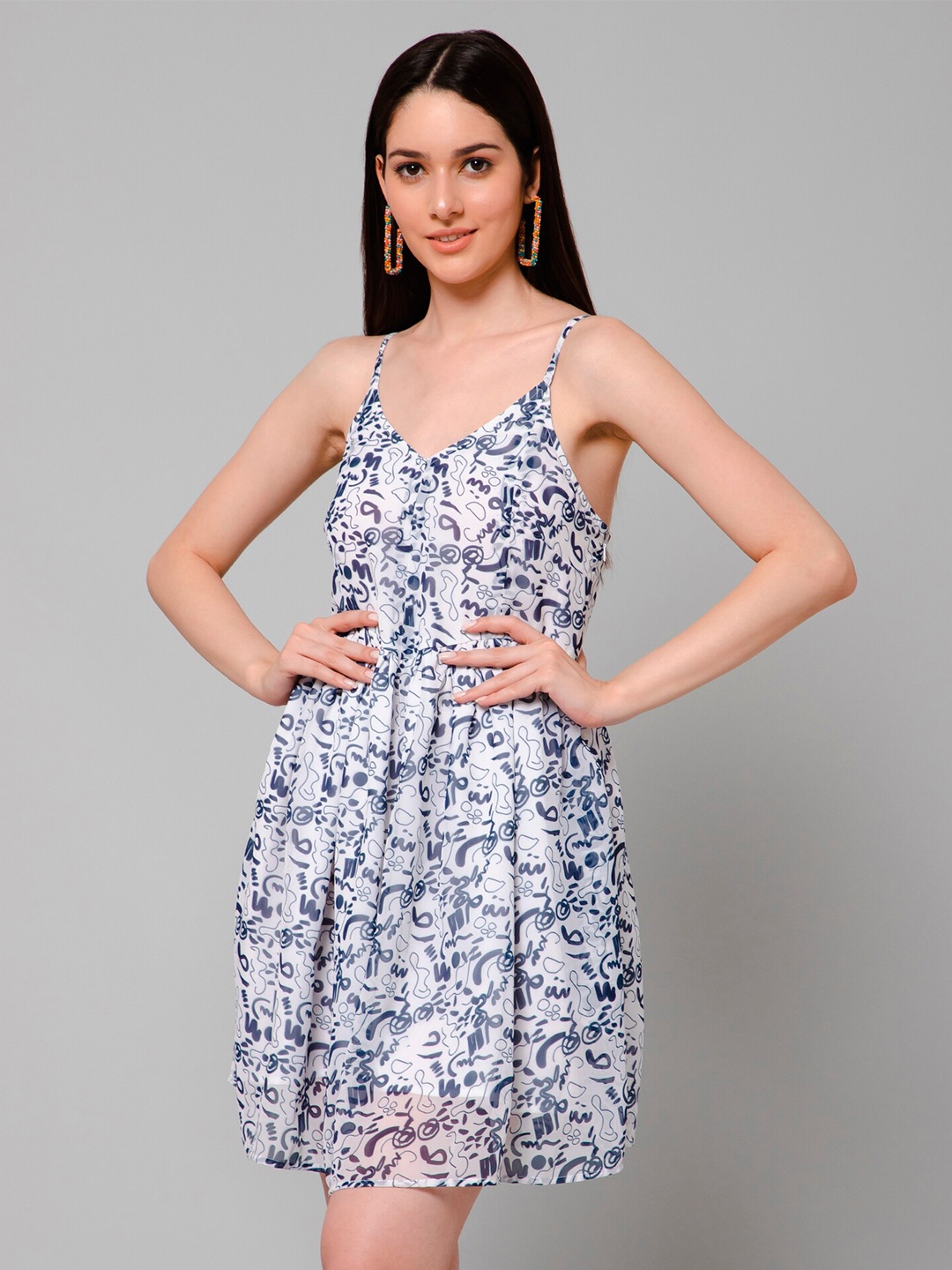 

HAUTEQUE Freya Abstract Print Shoulder Straps Fit & Flare Mini Dress, White