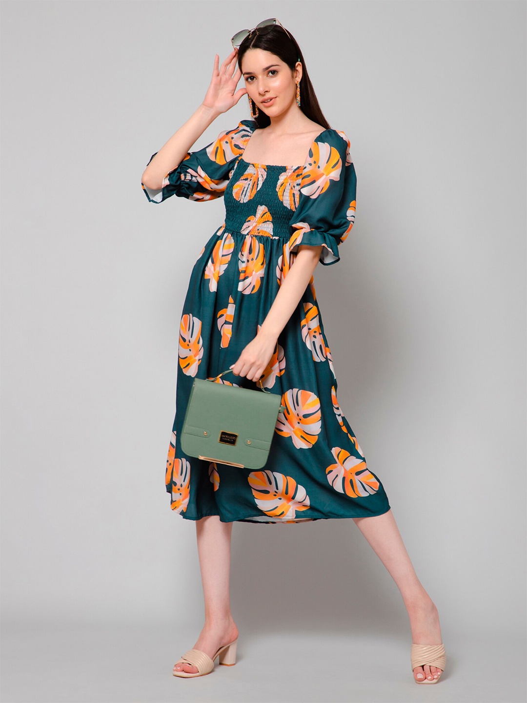 

HAUTEQUE Jasalina Tropical Print Smocked Fit & Flare Midi Dress, Green