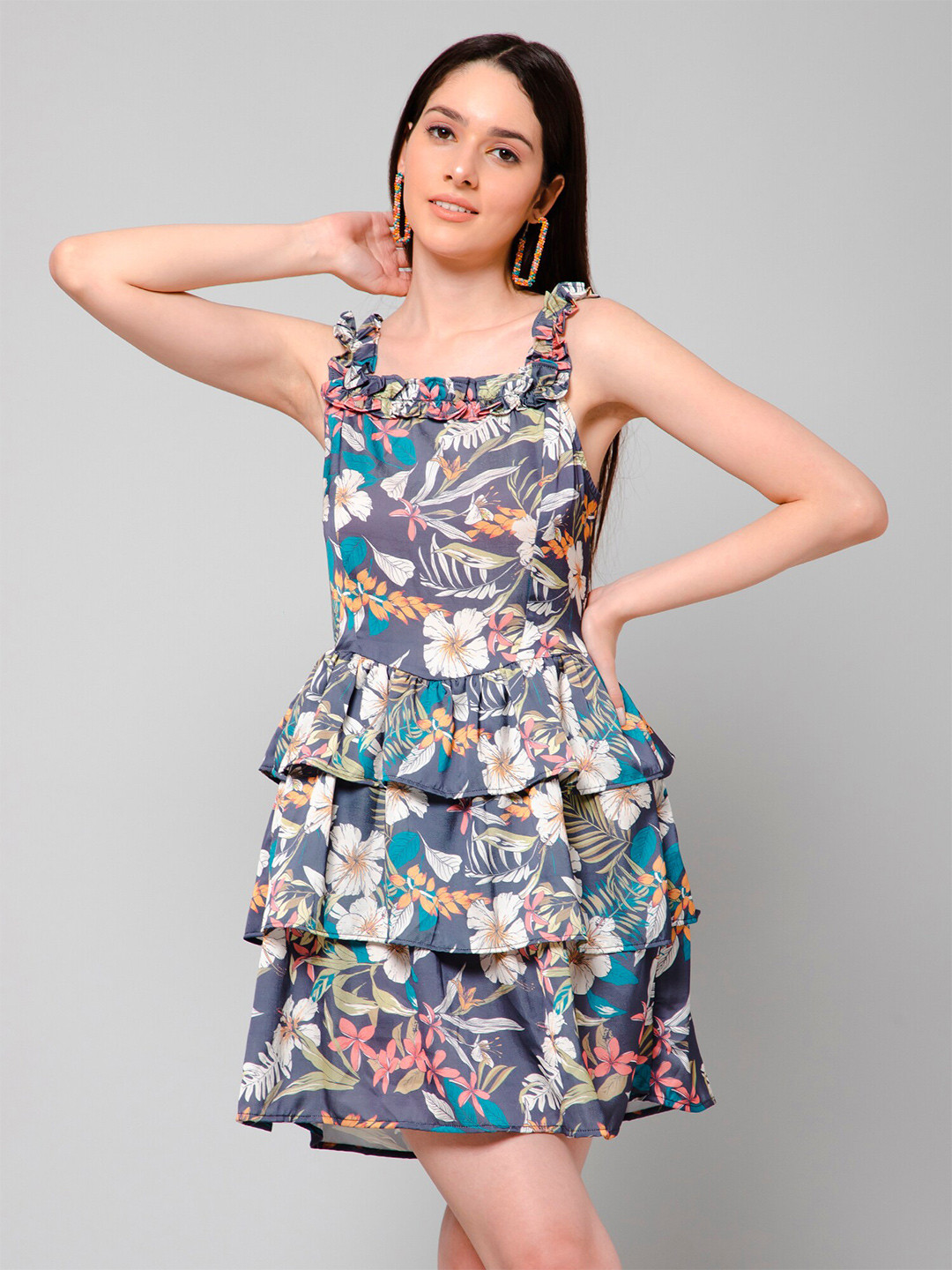 

HAUTEQUE Loie Floral Printed Satin Tiered Fit & Flare Mini Dress, Grey