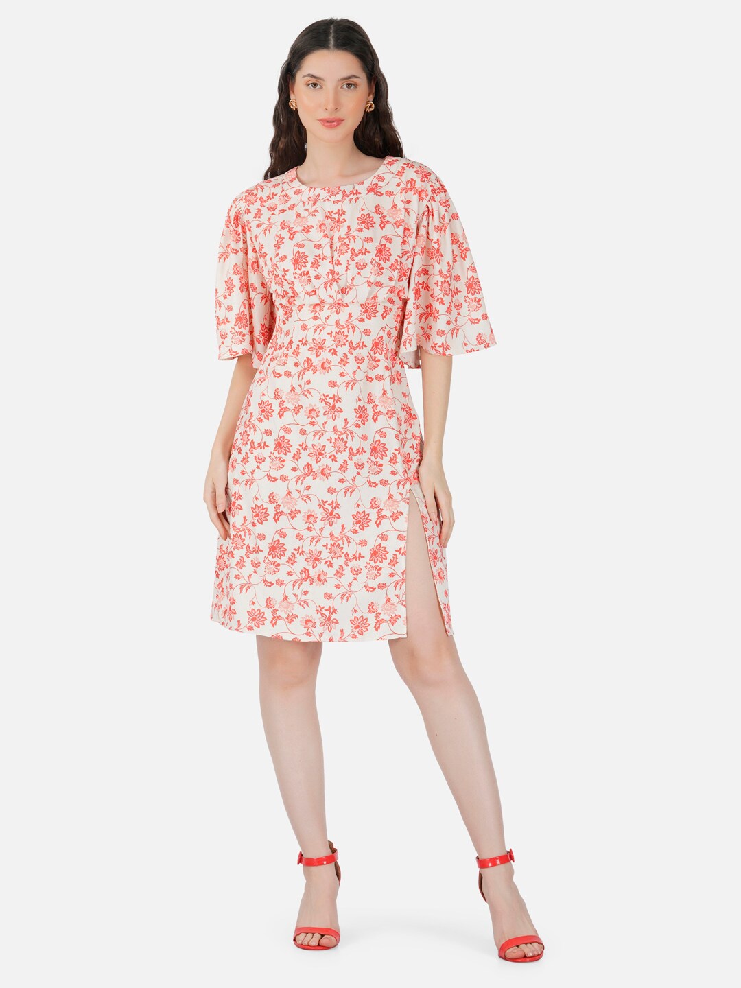 

HAUTEQUE Floral Print Round Neck Flared Sleeve A-Line Dress, White