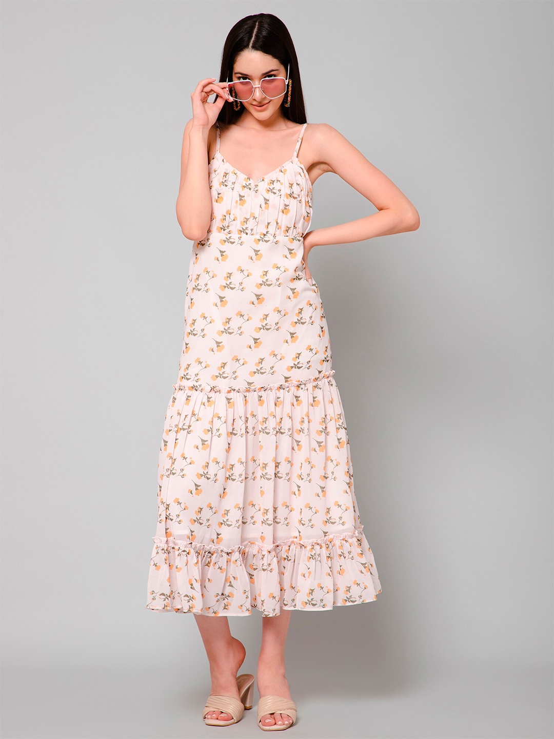 

HAUTEQUE Floral Printed Shoulder Straps Gathered Midi A-Line Dress, Yellow