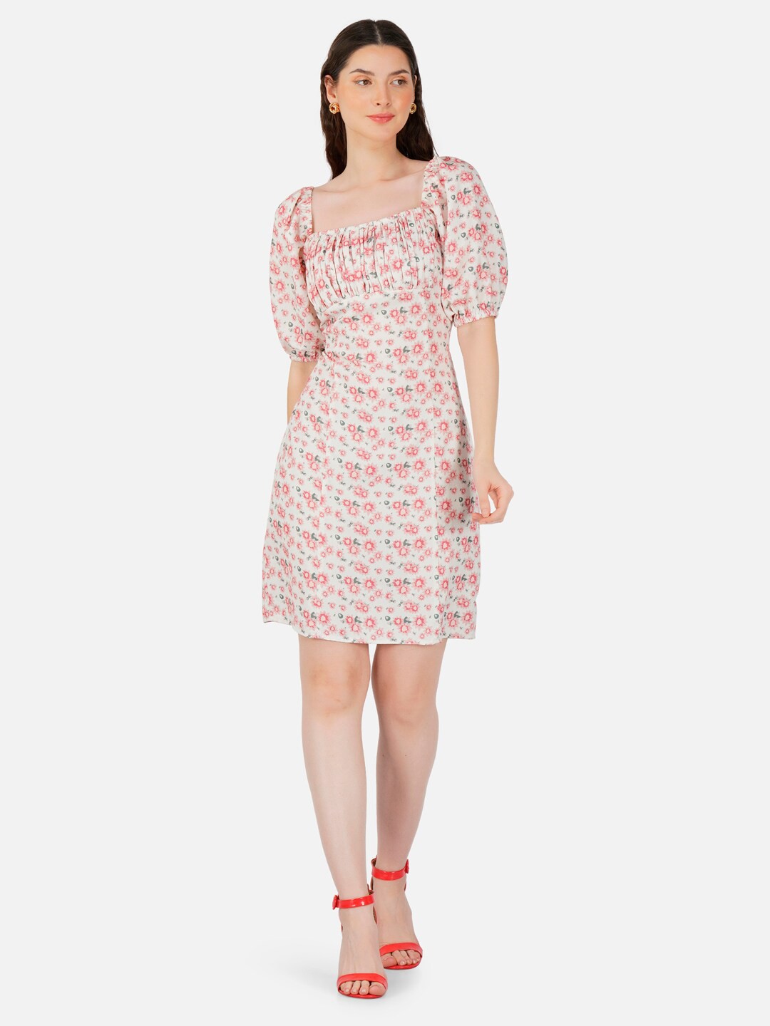 

HAUTEQUE Floral Print Square Neck Short Puff Sleeve A-Line Dress, White
