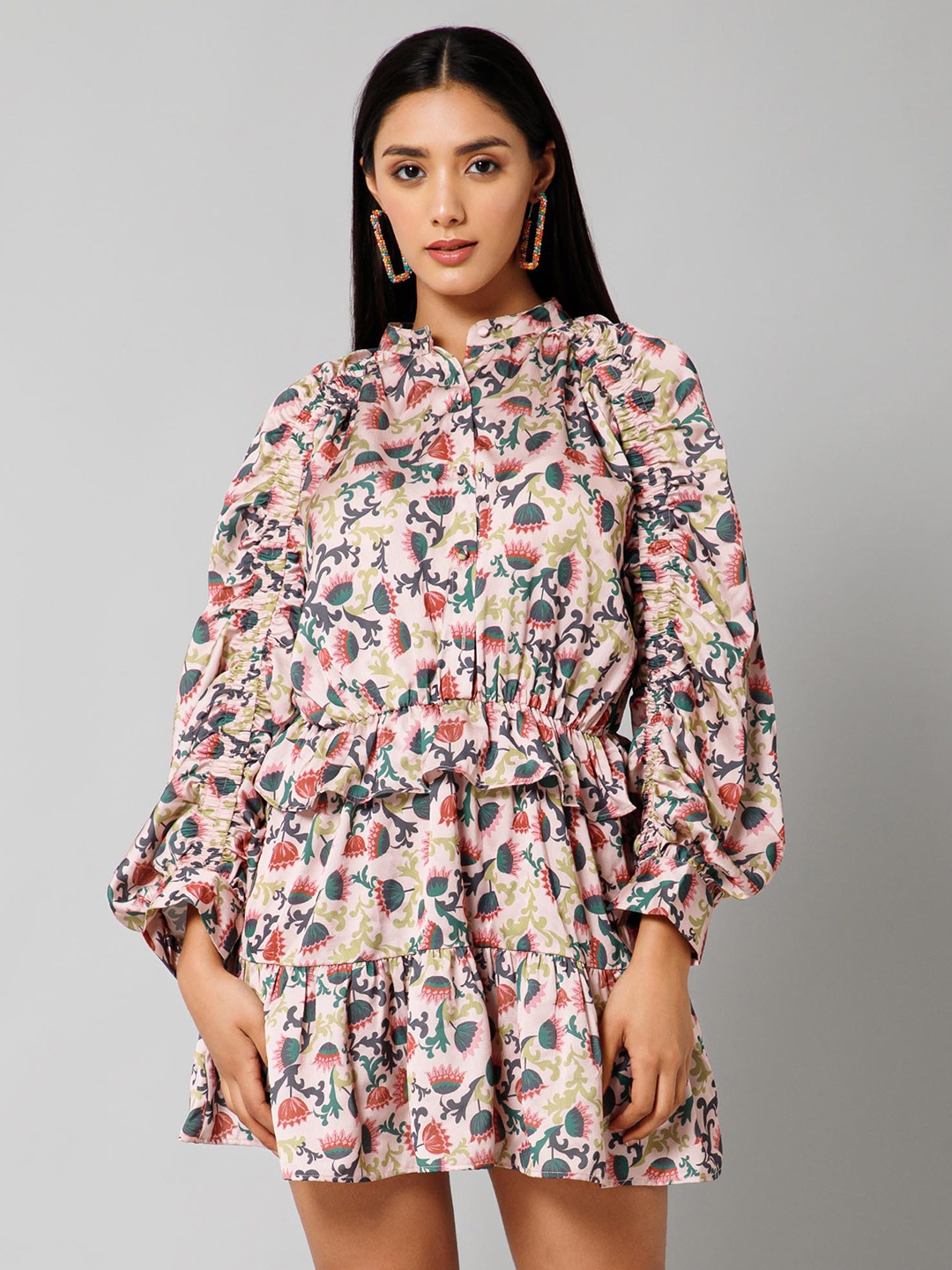 

HAUTEQUE Floral Printed Tie-Up Neck Puff Sleeve A-Line Dress, Beige