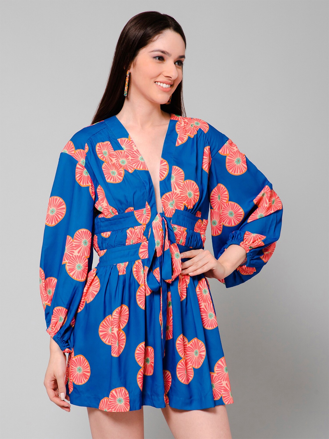 

HAUTEQUE Floral Printed Puff Sleeve Fit & Flare Dress, Blue