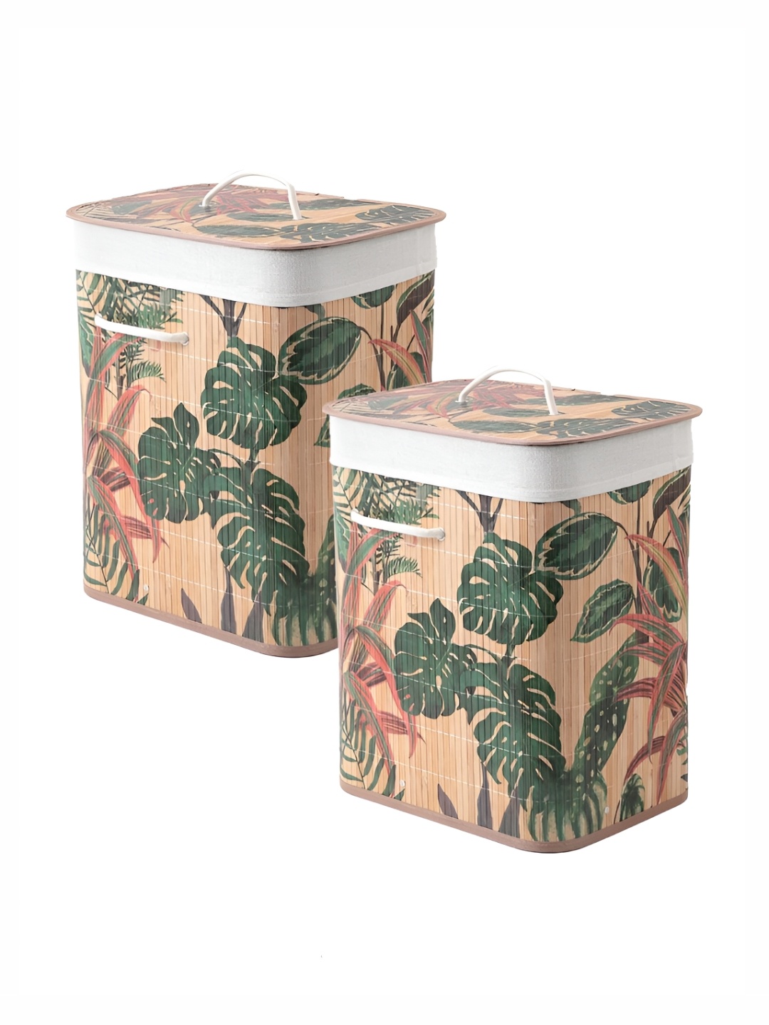 

USHA SHRIRAM 2Pcs Brown & Green Printed Foldable Bamboo Laundry Basket With Lid