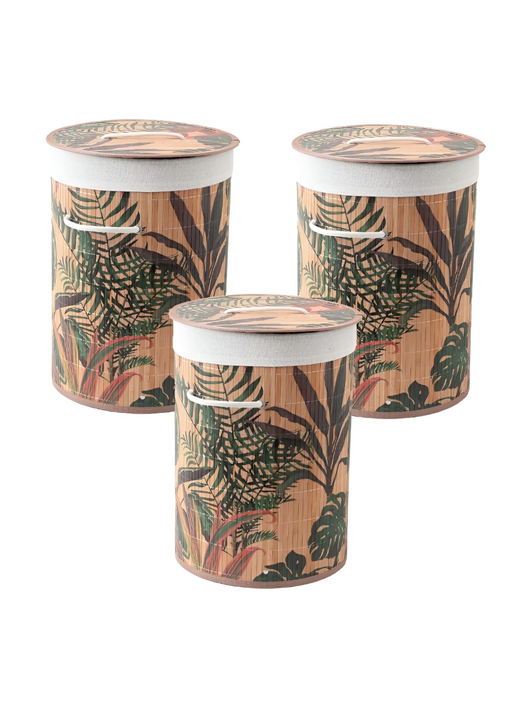 

USHA SHRIRAM 3Pcs Brown & Green Printed Foldable Bamboo Laundry Basket With Lid