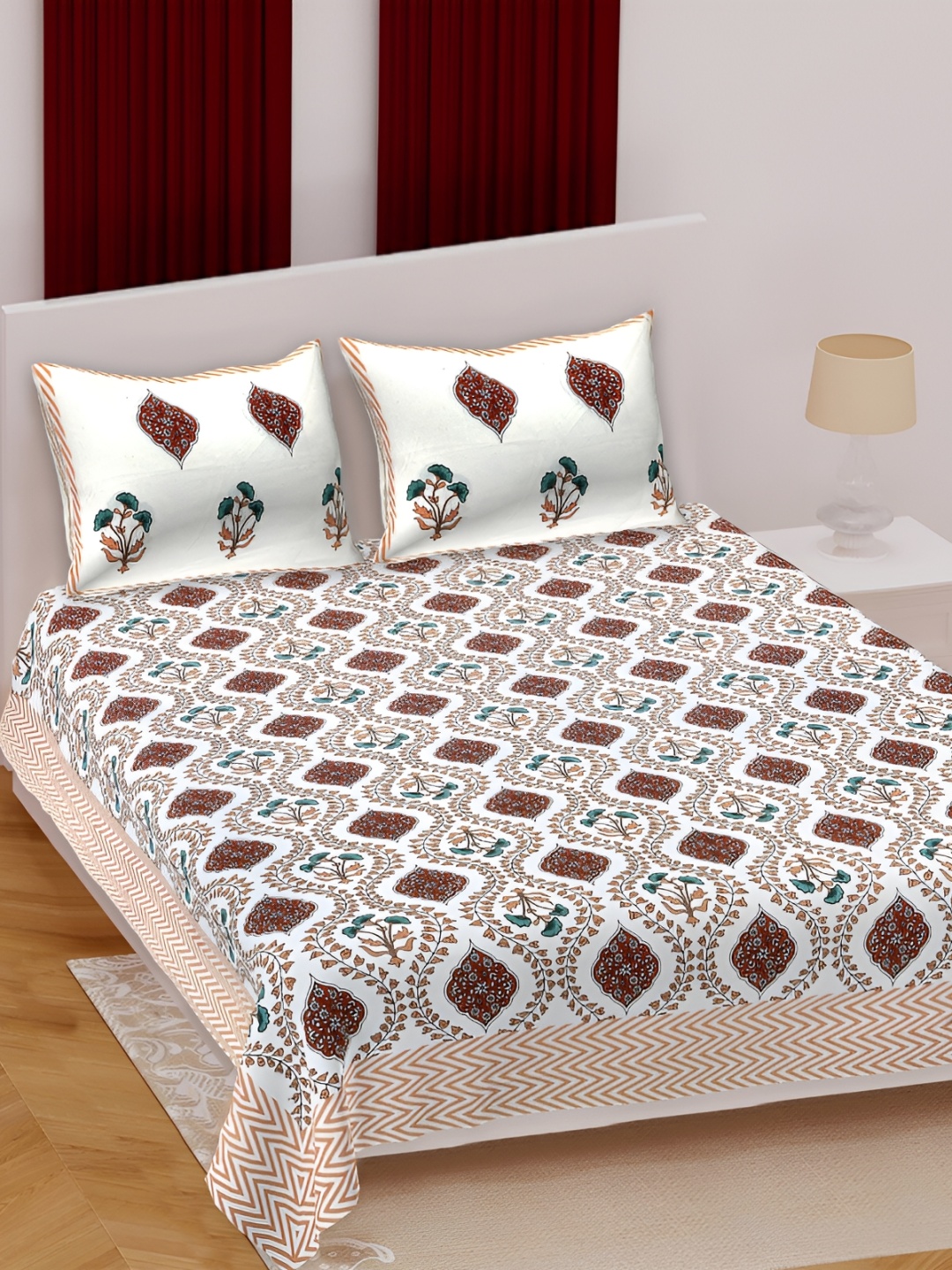 

Texstylers Green & Brown Floral Printed Cotton 186 TC Queen Bedsheet With 2 Pillow Covers