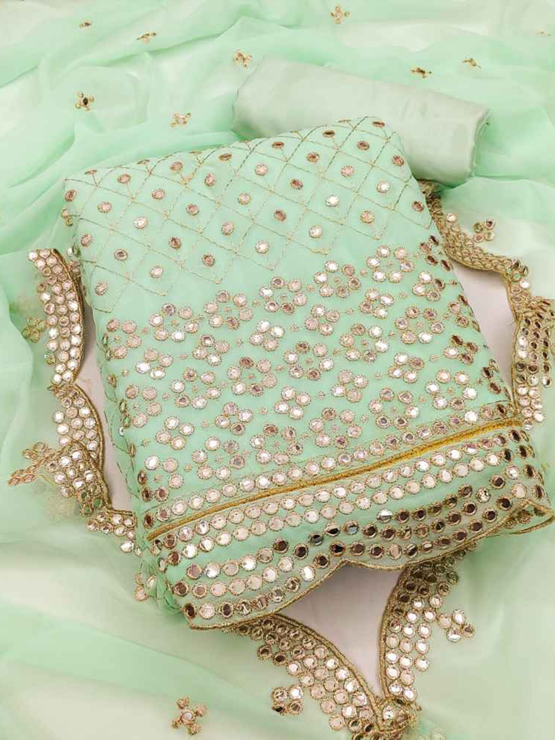 faxofab Silk Georgette Unstitched Dress Material, Sea green