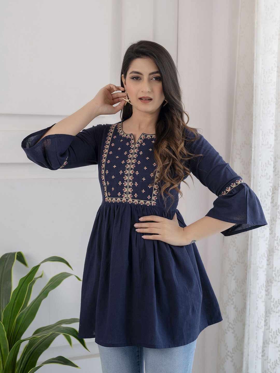 

Nayo Floral Embroidered Cotton Tunic, Navy blue