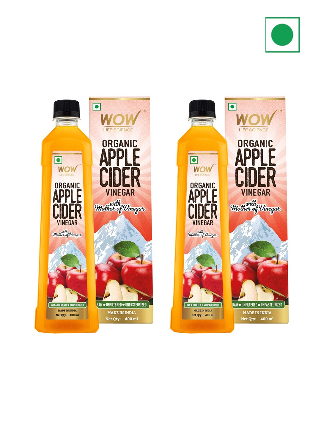 

WOW Life Science Set of 2 Organic Apple Cider Vinegar With Mother Of Vinegar - 400 ml Each, Orange