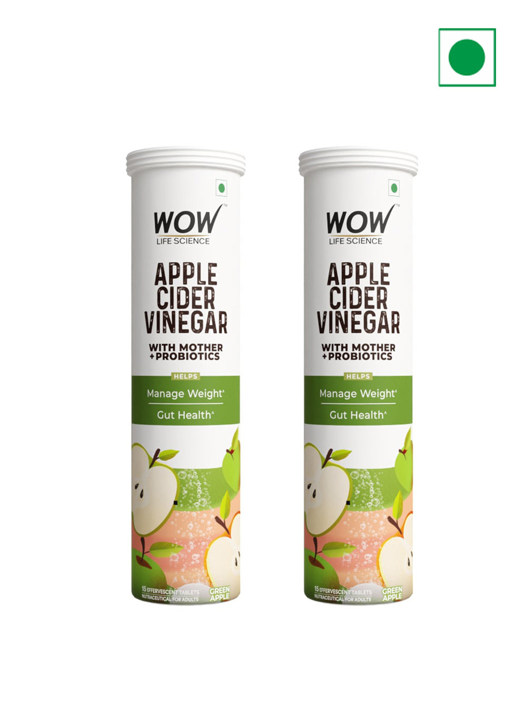 

WOW Life Science Set Of 2 Apple Cider Vinegar Tablets With Mother + Probiotics- 15Pcs Each, White