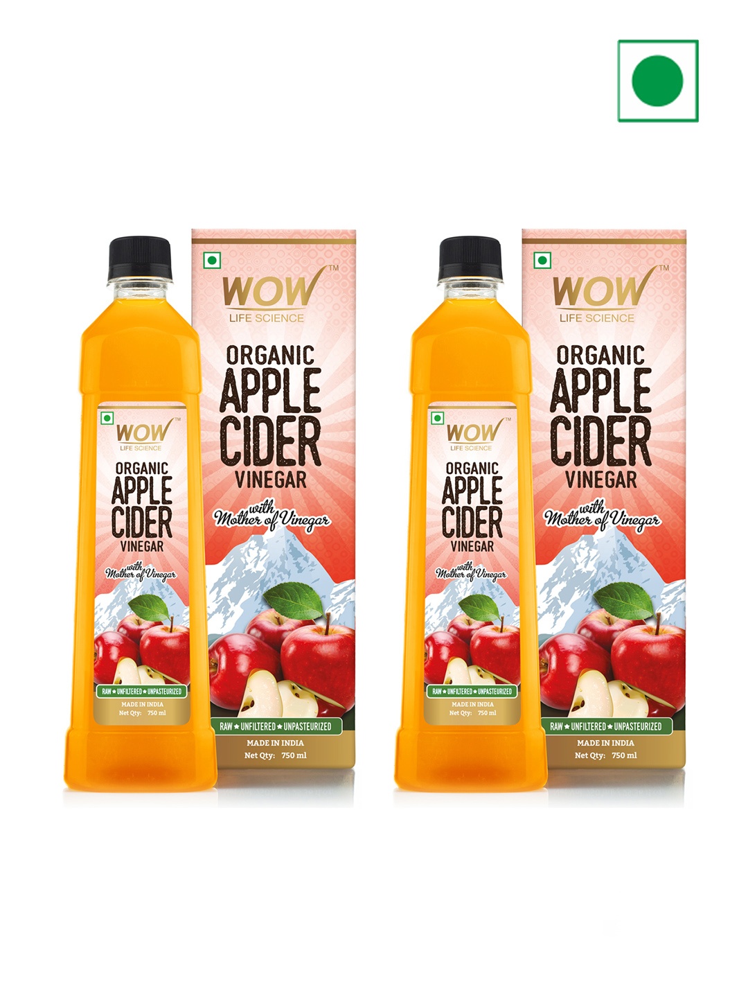 

WOW Life Science Set Of 2 Organic Apple Cider Vinegar With Mother Of Vinegar - 750ml Each, Orange