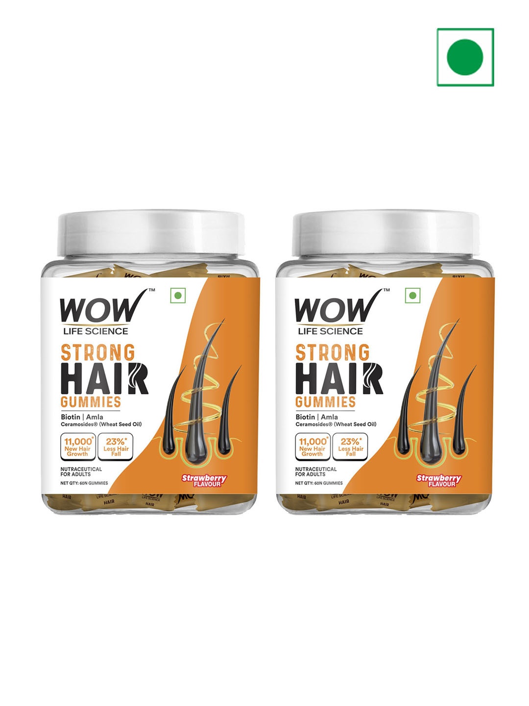 

WOW Life Science Set Of 2 Strawberry Flavour Strong Hair Gummies with Biotin - 60Pcs Each, Orange