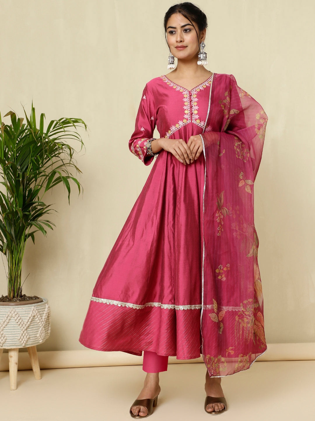 Jaipur Kurti Zari Work Anarkali Kurta With Printed Dupatta, Magenta