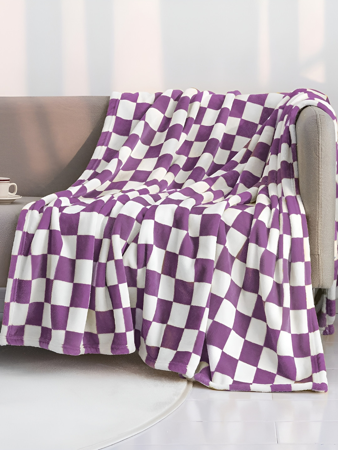 

Nivasam Purple & White Checked AC Room 300 GSM Double Bed Blanket