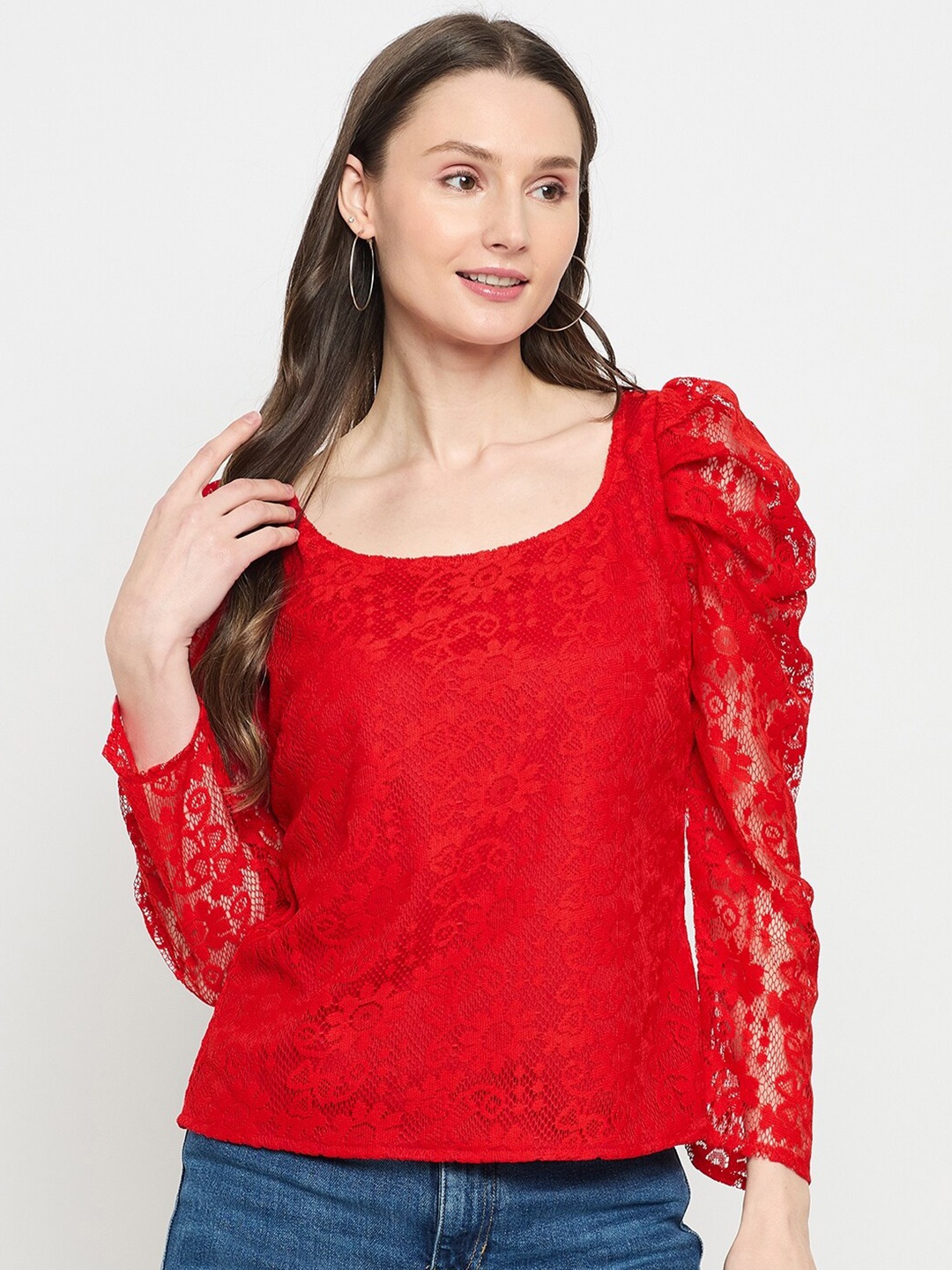 

Imfashini Self Design Puff Sleeves Lace Top, Red
