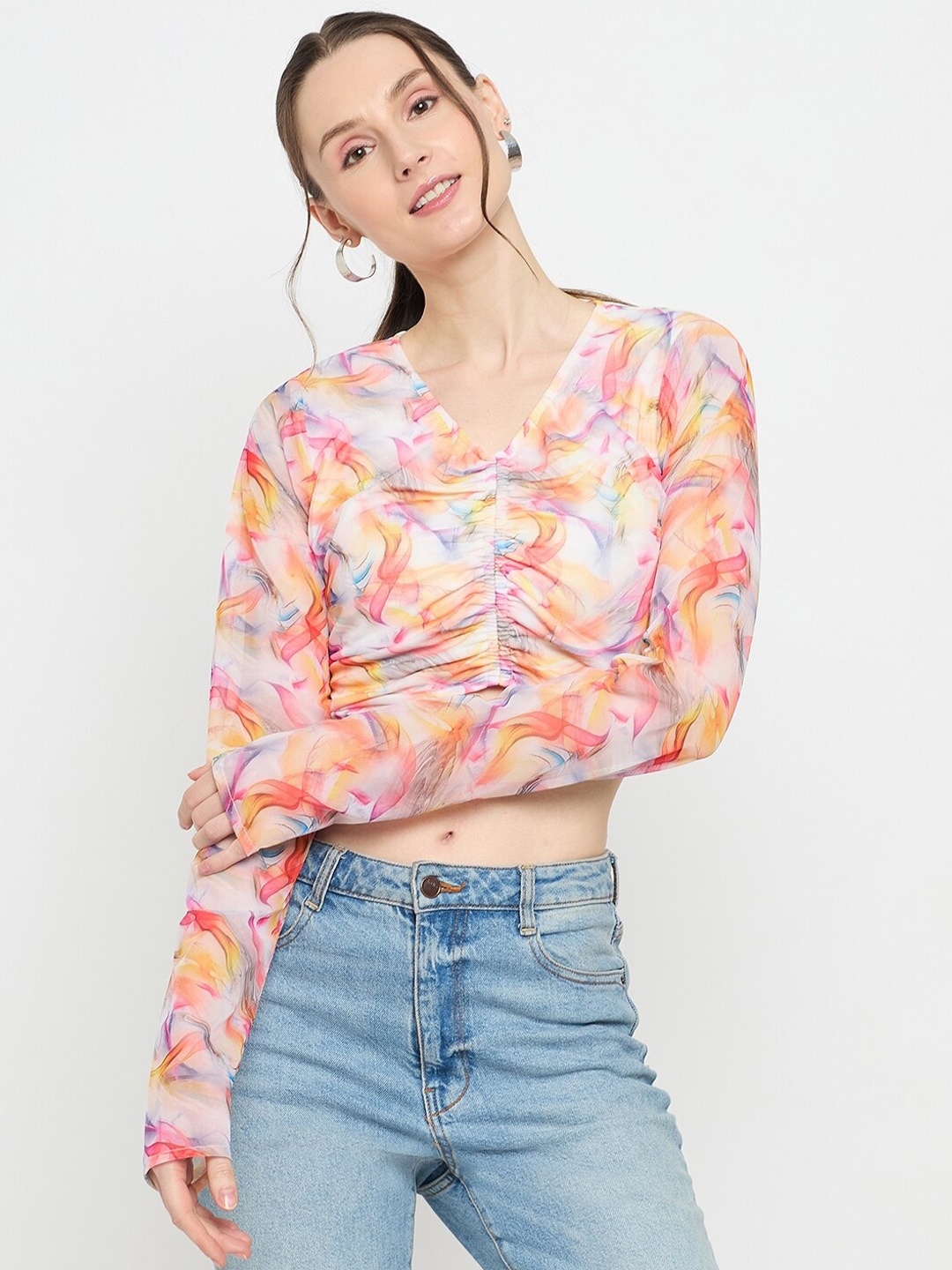 

Imfashini V-Neck Floral Print Lace Crop Top, White