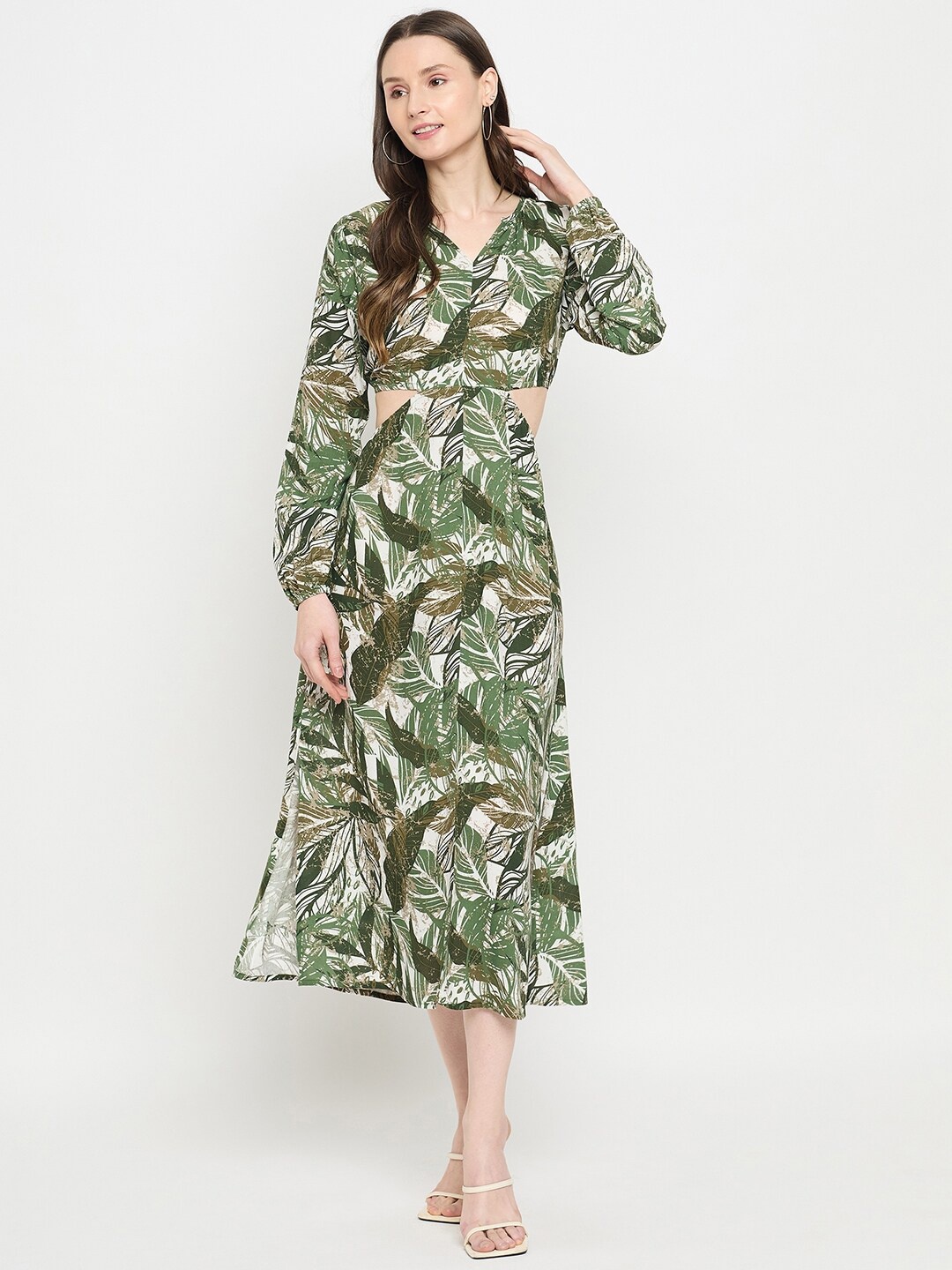 

Imfashini V-Neck Tropical Print Puff Sleeve Cotton A-Line Midi Dress, Green