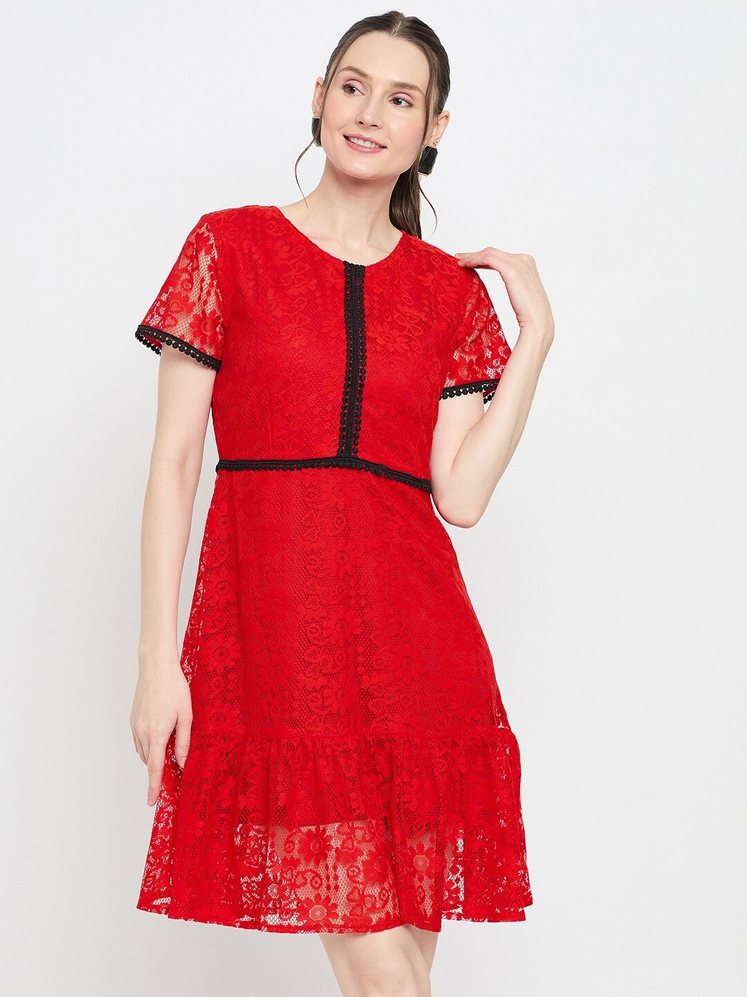 

Imfashini Round Neck Self Design Lace A-Line Dress, Red