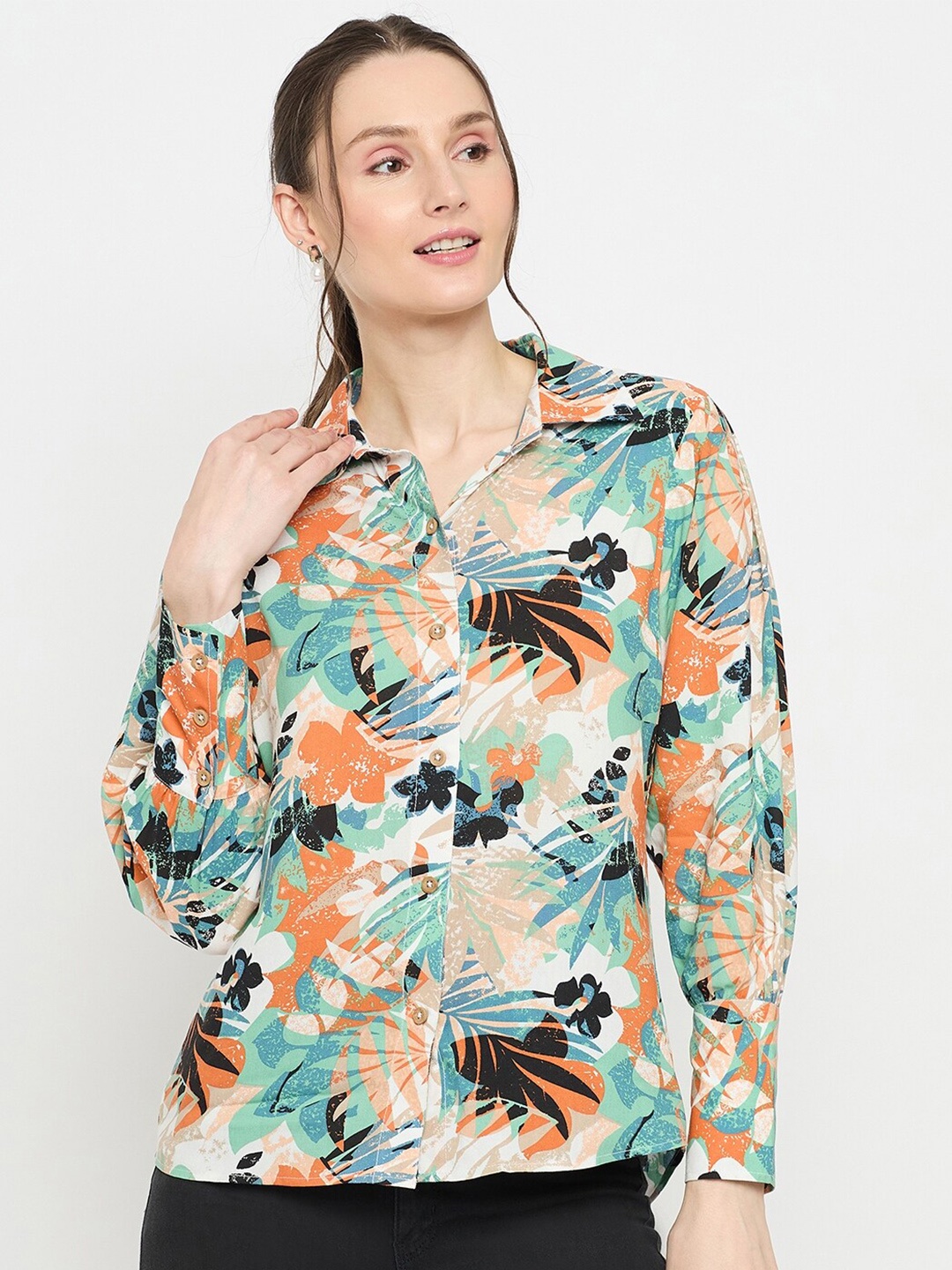 

Imfashini Shirt Collar Tropical Print Cotton Shirt Style Top, Blue