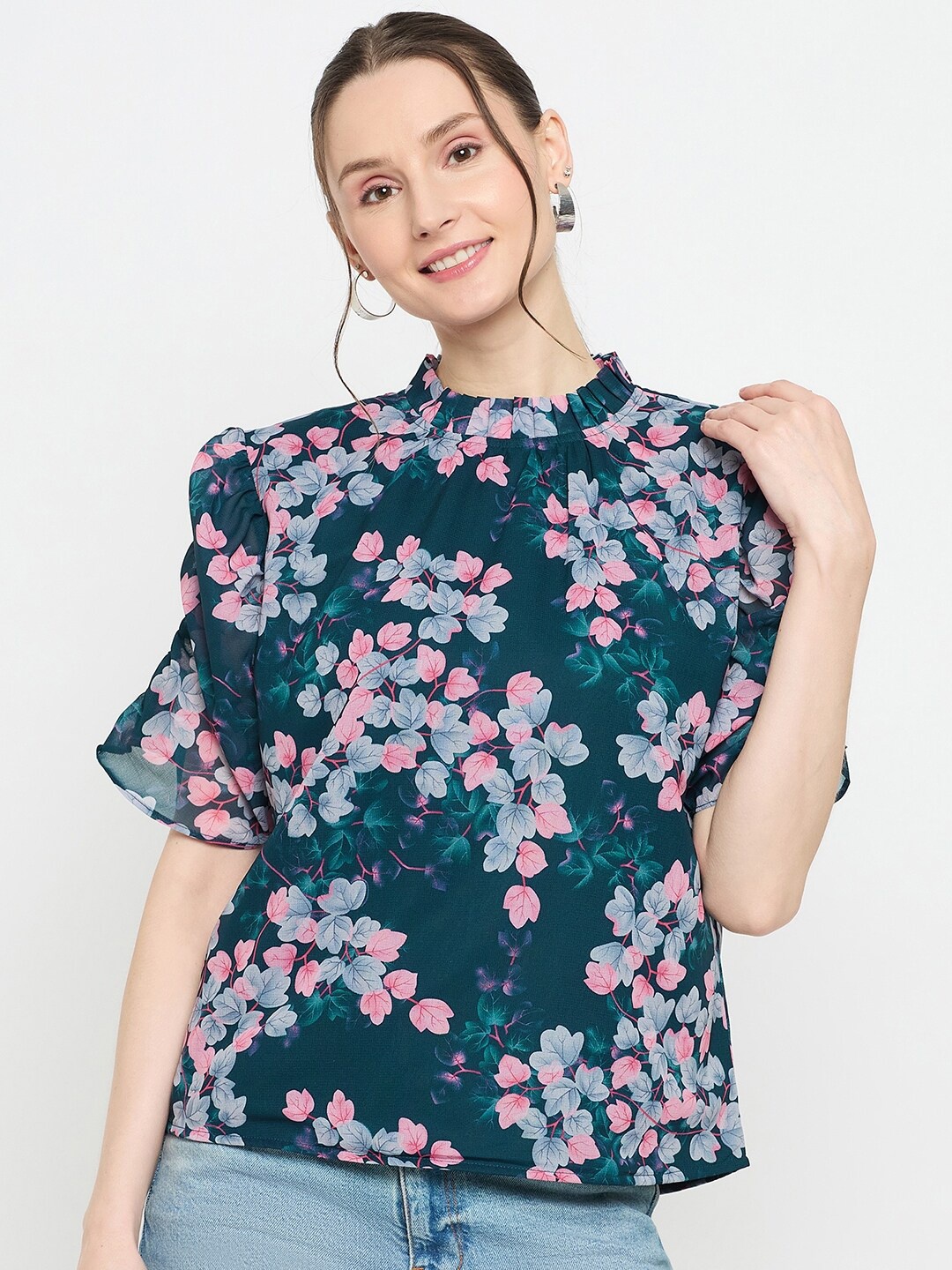 

Imfashini High Neck Floral Print Puff Sleeve Top, Teal