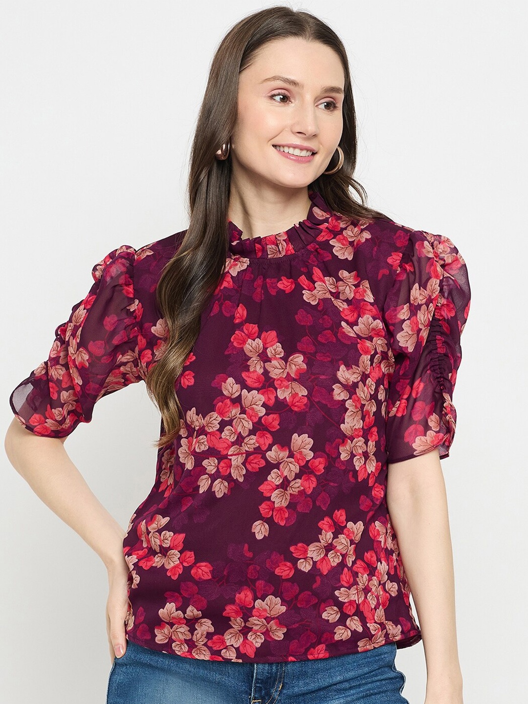 

Imfashini High Neck Floral Print Puff Sleeve Top, Red