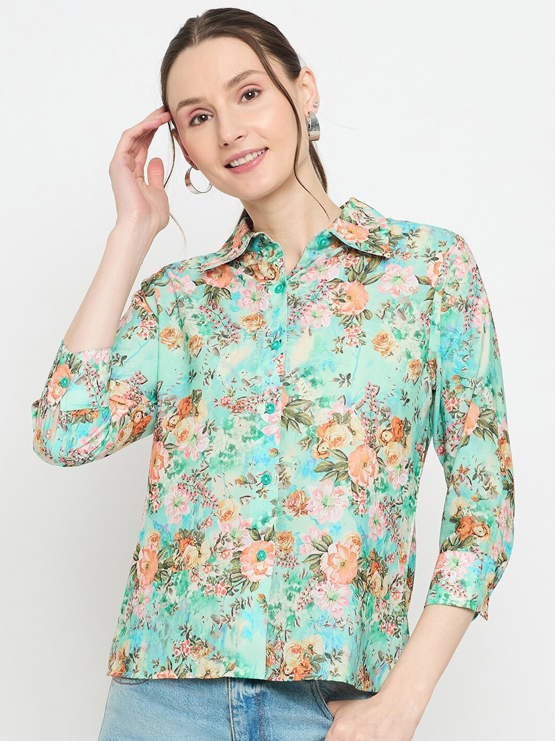 

Imfashini Shirt Collar Floral Print Shirt Style Top, Lime green