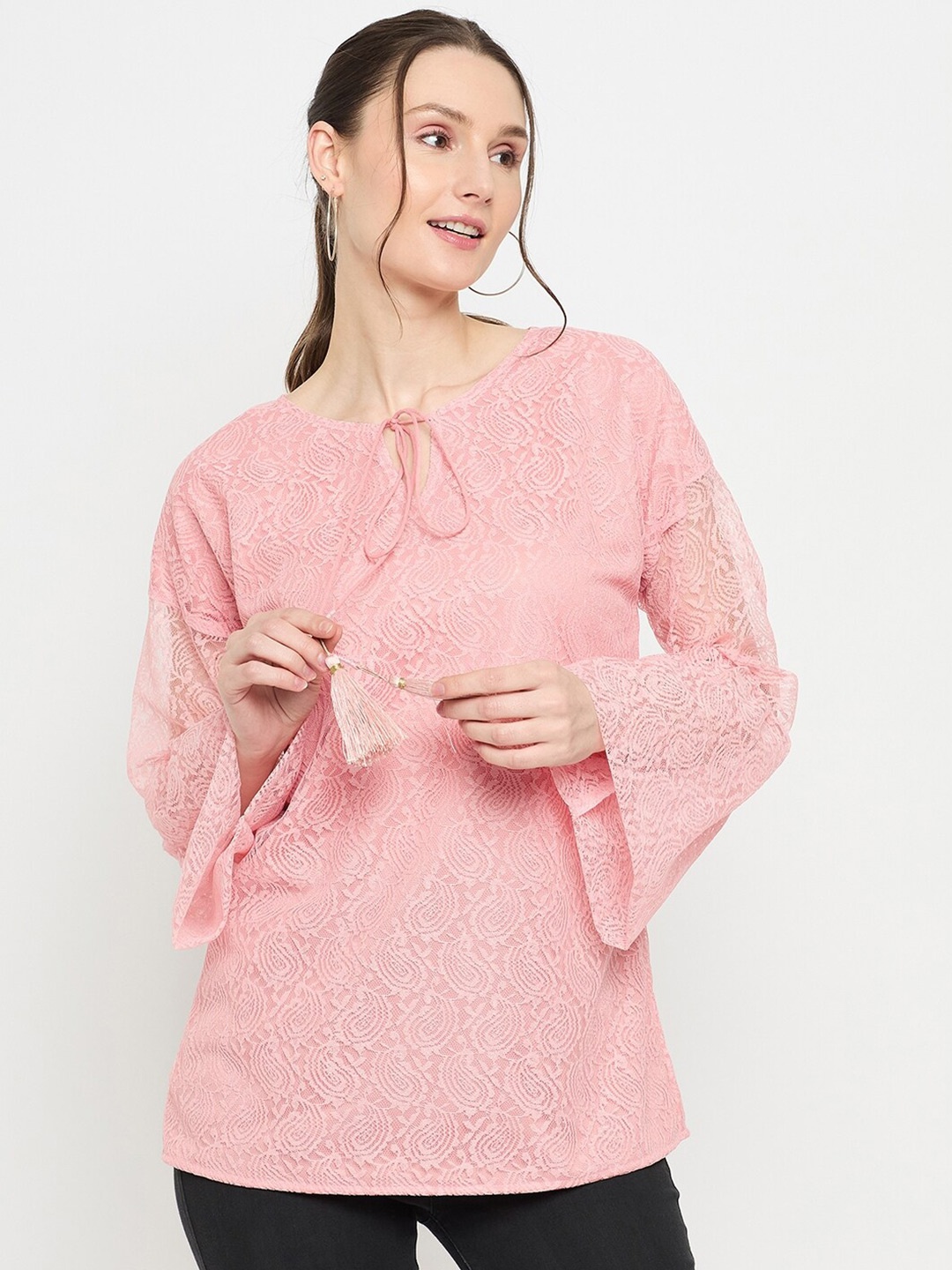 

Imfashini Tie-Up Neck Bell Sleeve Sheer Lace Top, Peach