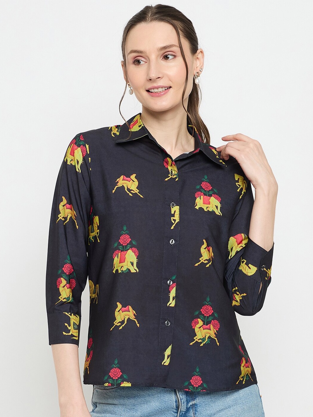 

Imfashini Floral Print Crepe Shirt Style Top, Black